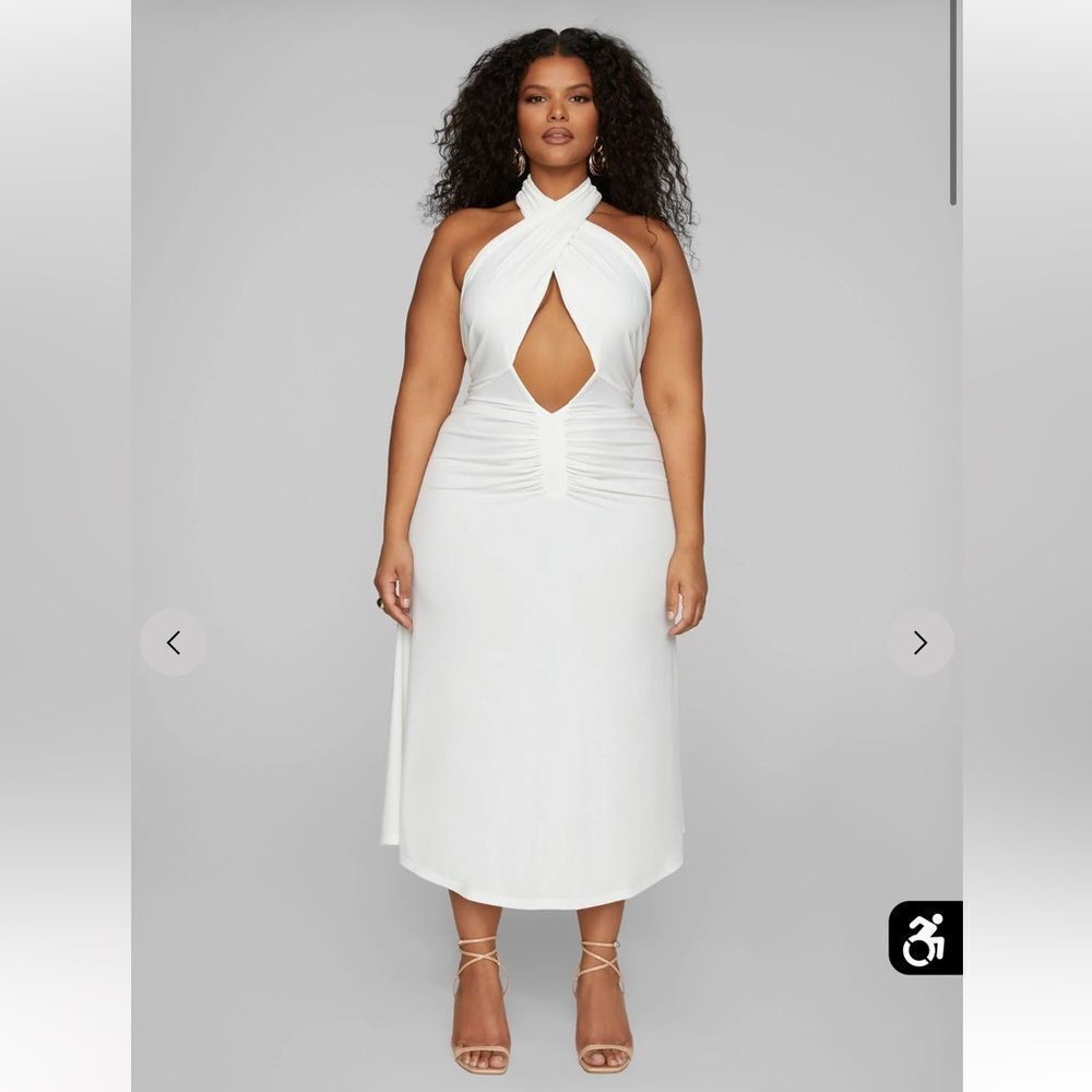 Fashion to Figure Crystal Crossneck Midi White Backless Halter Dress